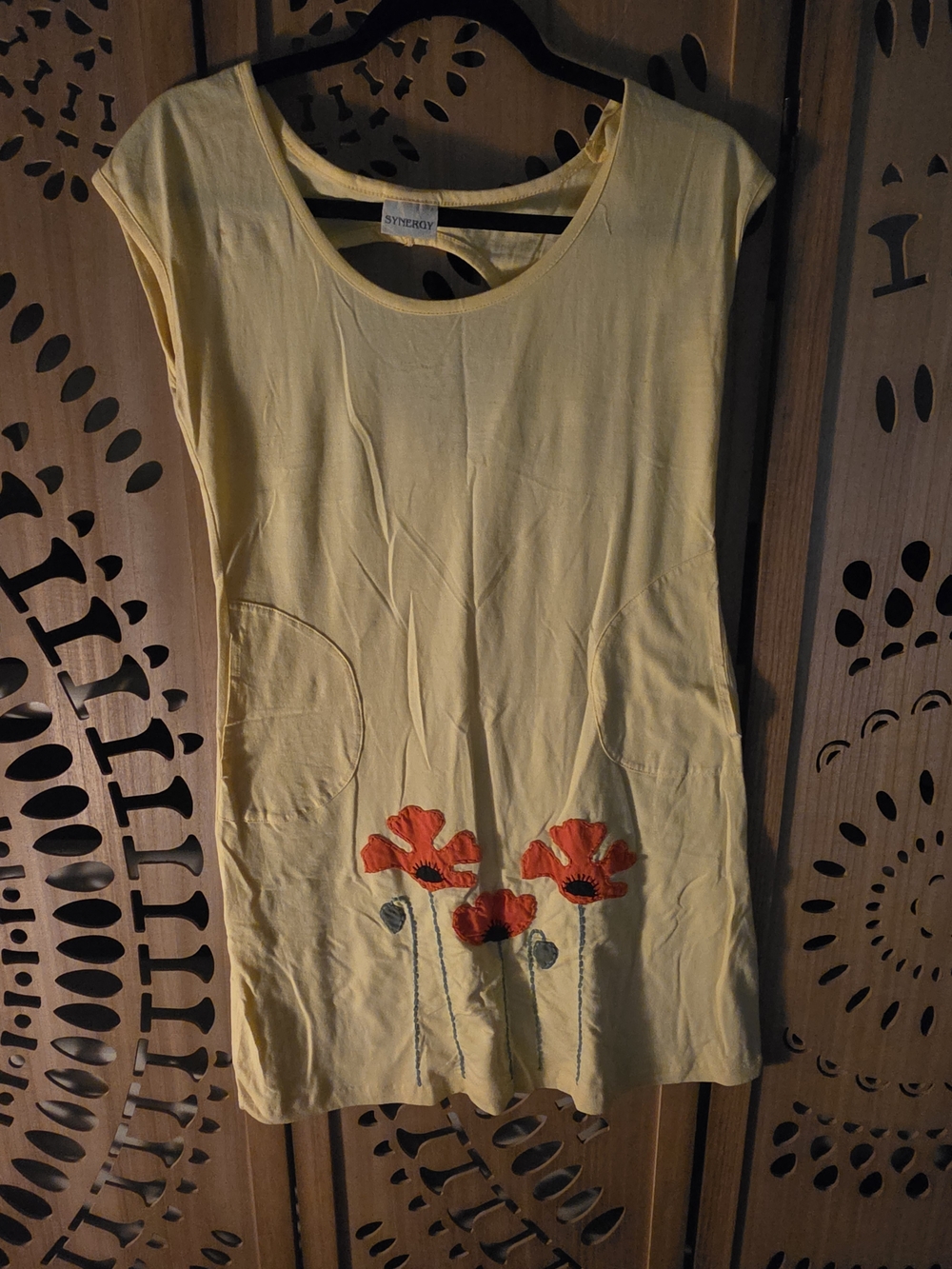 Synergy Organic Clothing Yellow Sleeveless Dress with Red Poppy Embroidery